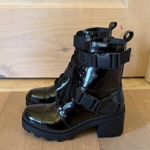 Women's Black Patent Buckle Combat Boots